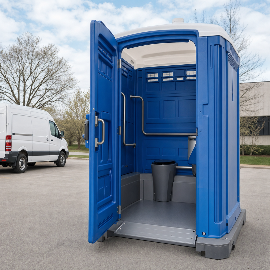 ADA compliant wheelchair accessible portable toilet with ground level entry and grab bars