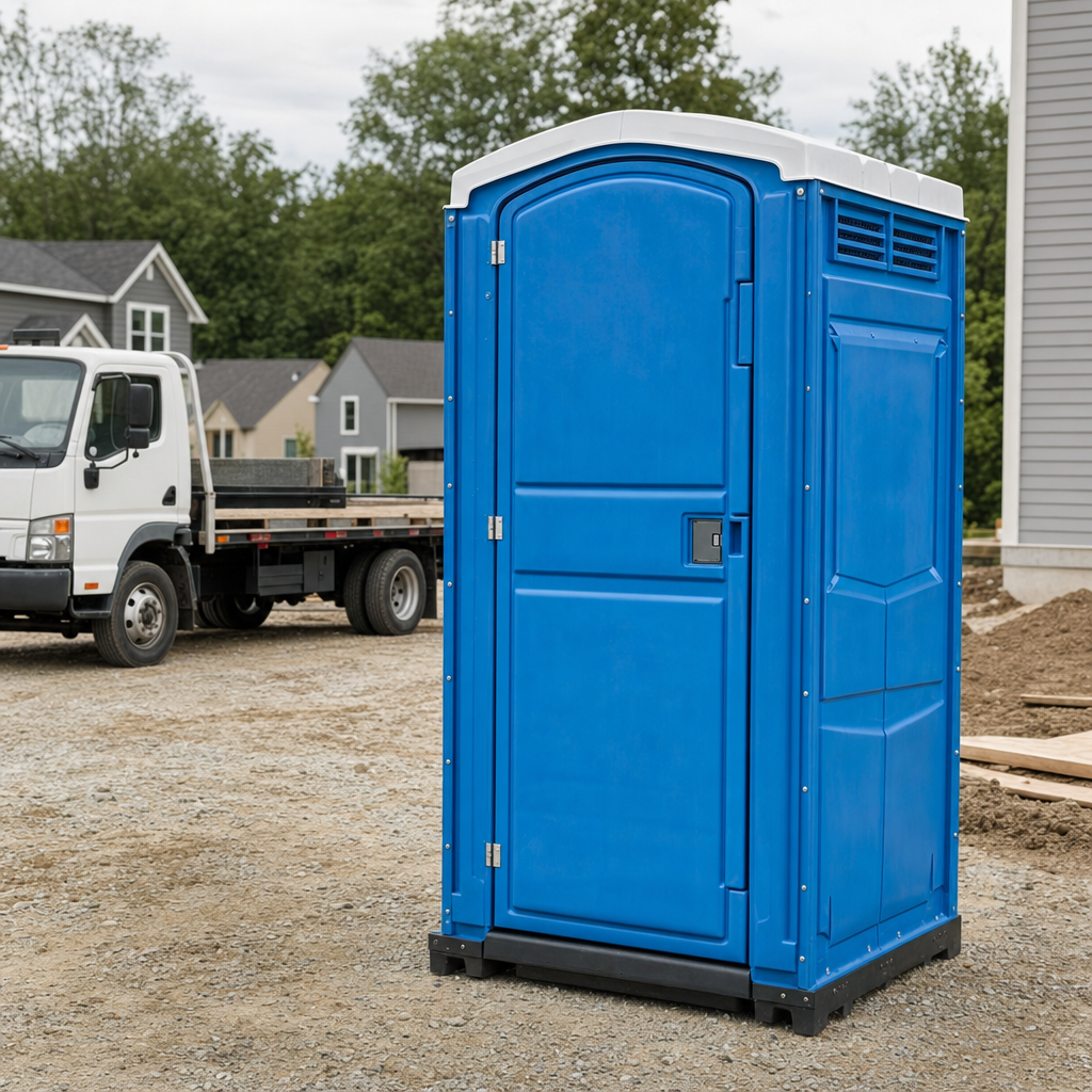 Delivery driver positioning a clean royal-blue portable toilet on level ground at a Lansing worksite