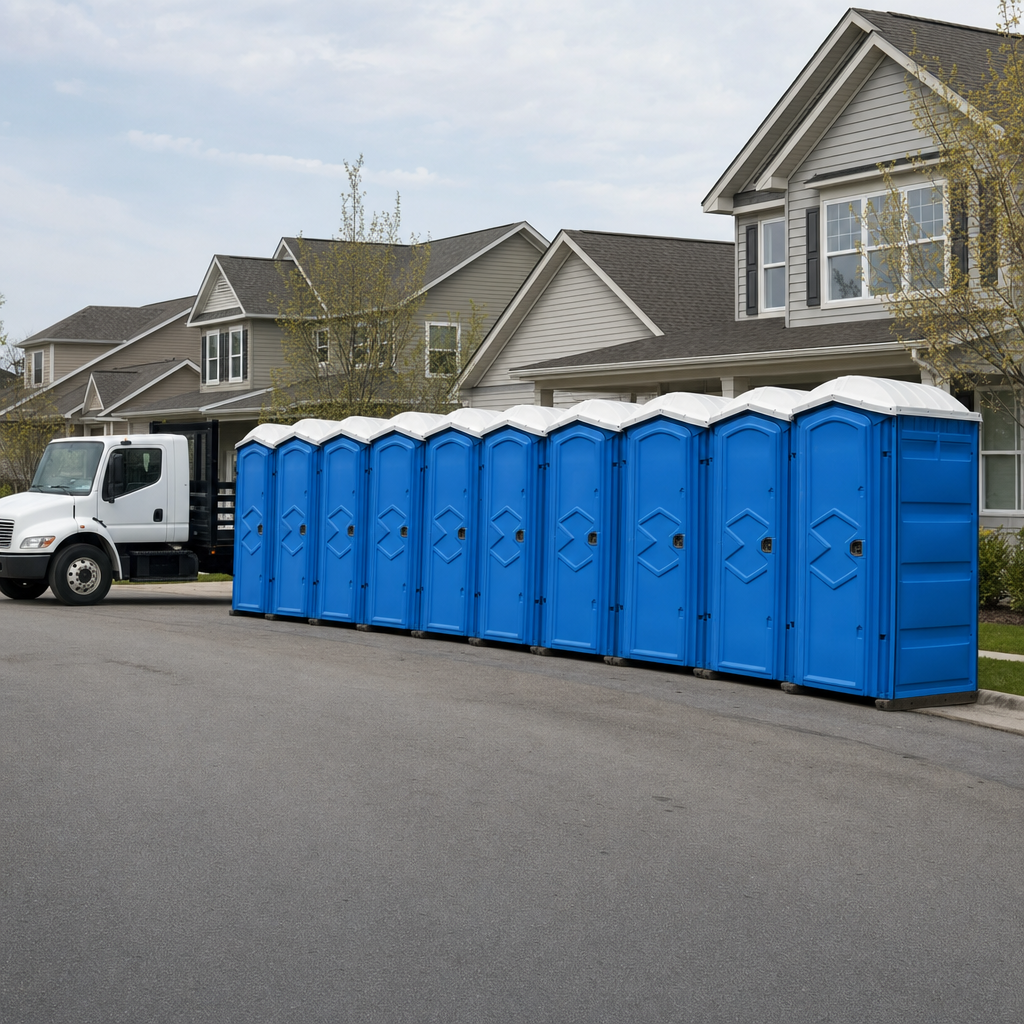 Royal blue portable toilets staged in a tidy row at a Lansing jobsite, ready for delivery